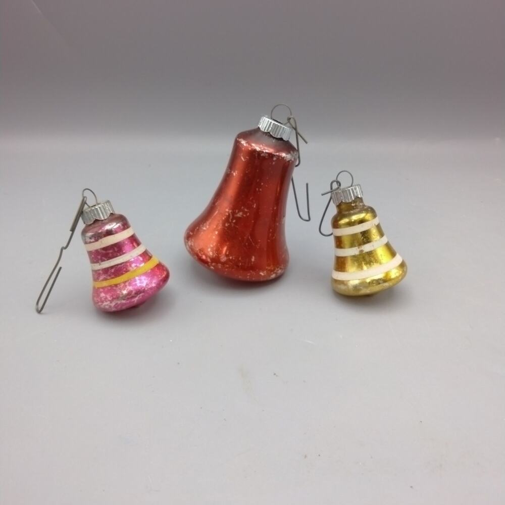 3 VTG Bells Ornament SHINY BRITE Christmas Mercury Glass Pink Yellow 2" Stripe